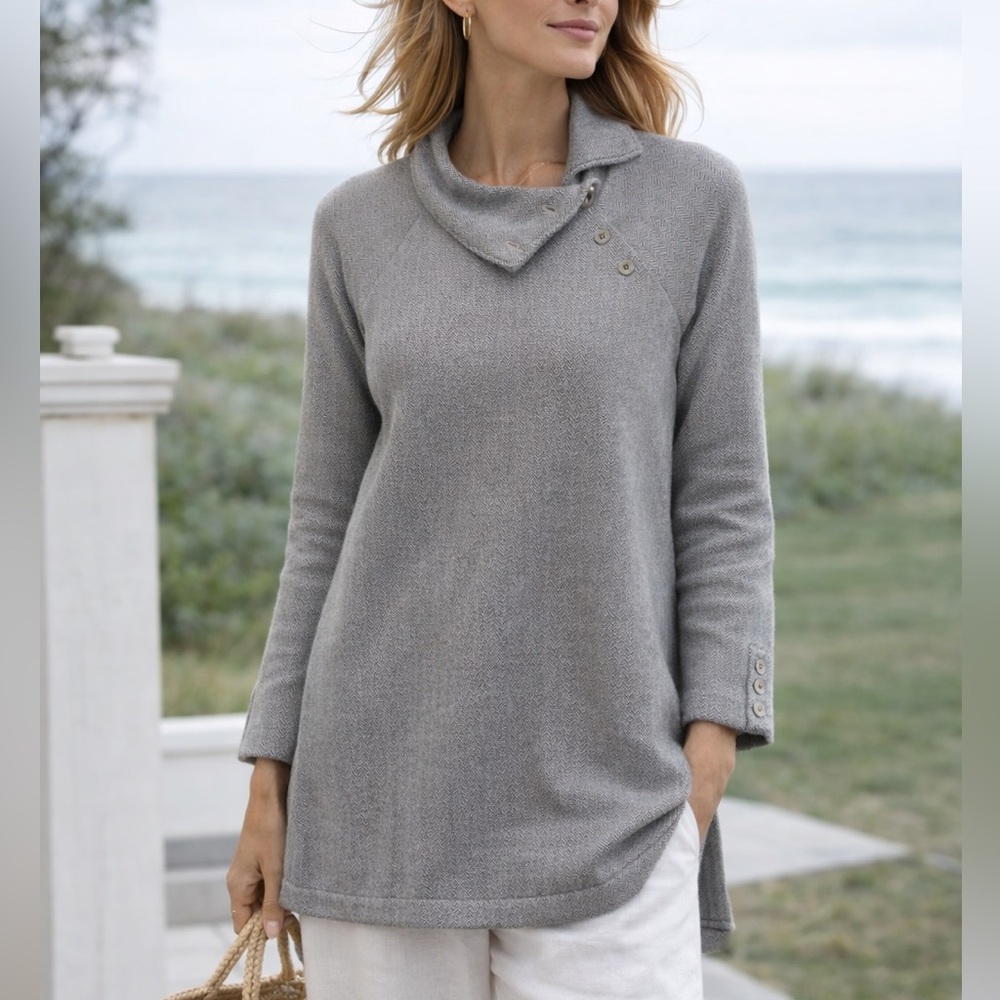 J McLaughlin Gray Herringbone Knit Sweater XS Coastal Quiet Luxury Minimalist